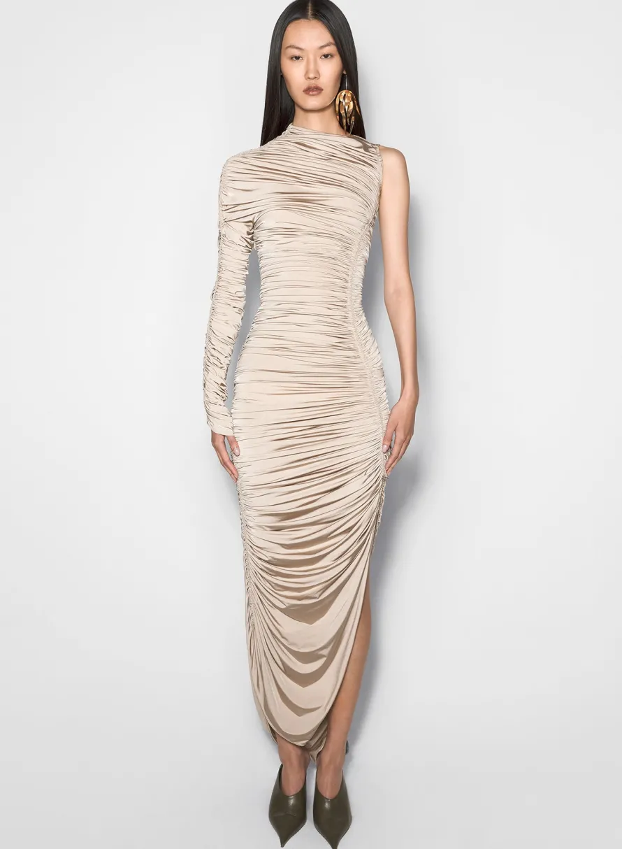 Dresses & Catsuits|MUGLER champagne asymmetrical pierced ruched dress