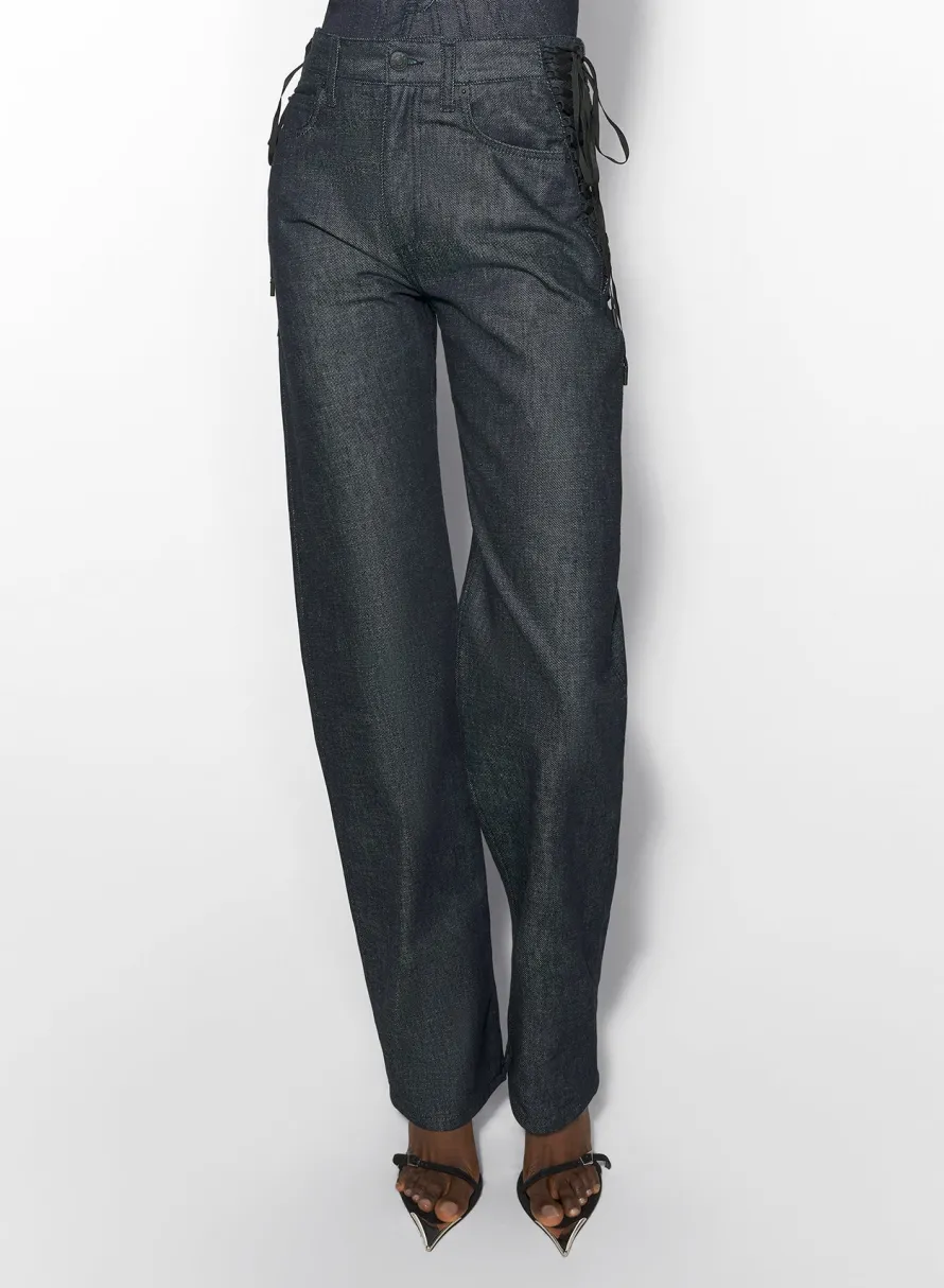 Denim|Trousers|MUGLER raw blue laced-up straight leg jeans