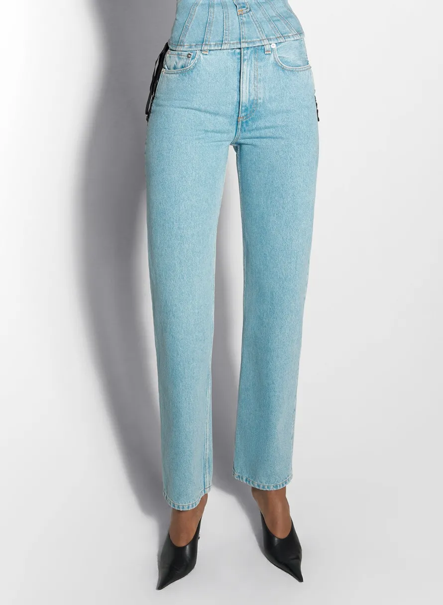 Trousers|Denim|MUGLER blue laced-up straight leg jeans