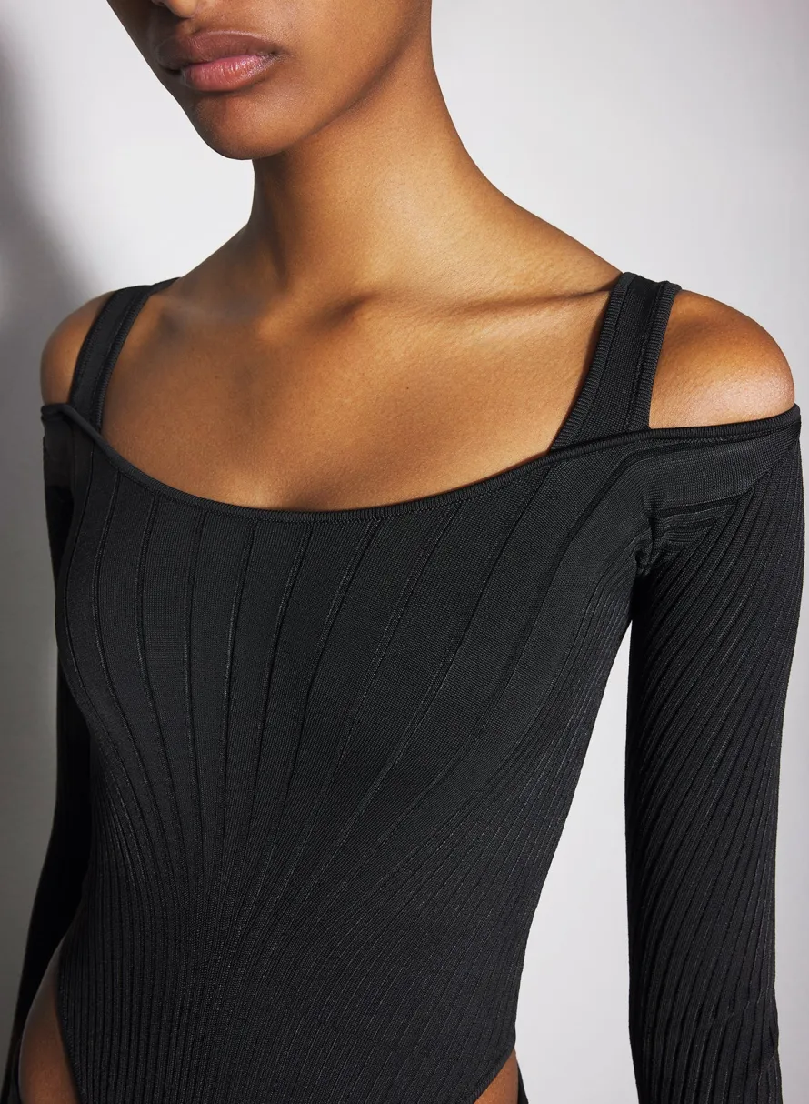Knitwear|Bodysuits & Leggings|MUGLER black sculpting knit bodysuit