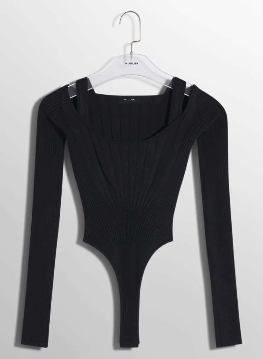 Knitwear|Bodysuits & Leggings|MUGLER black sculpting knit bodysuit