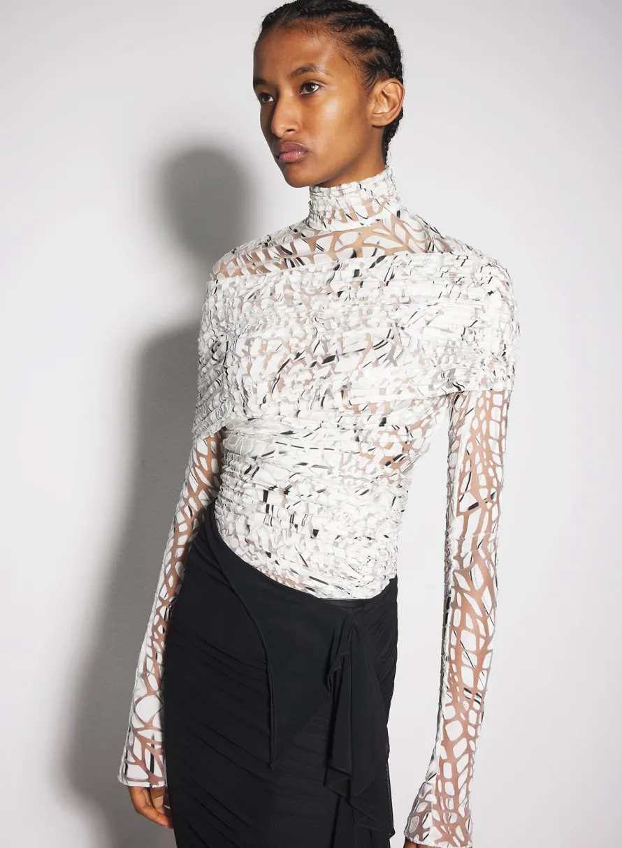 Tops|MUGLER off-white dévoré velvet ruched top