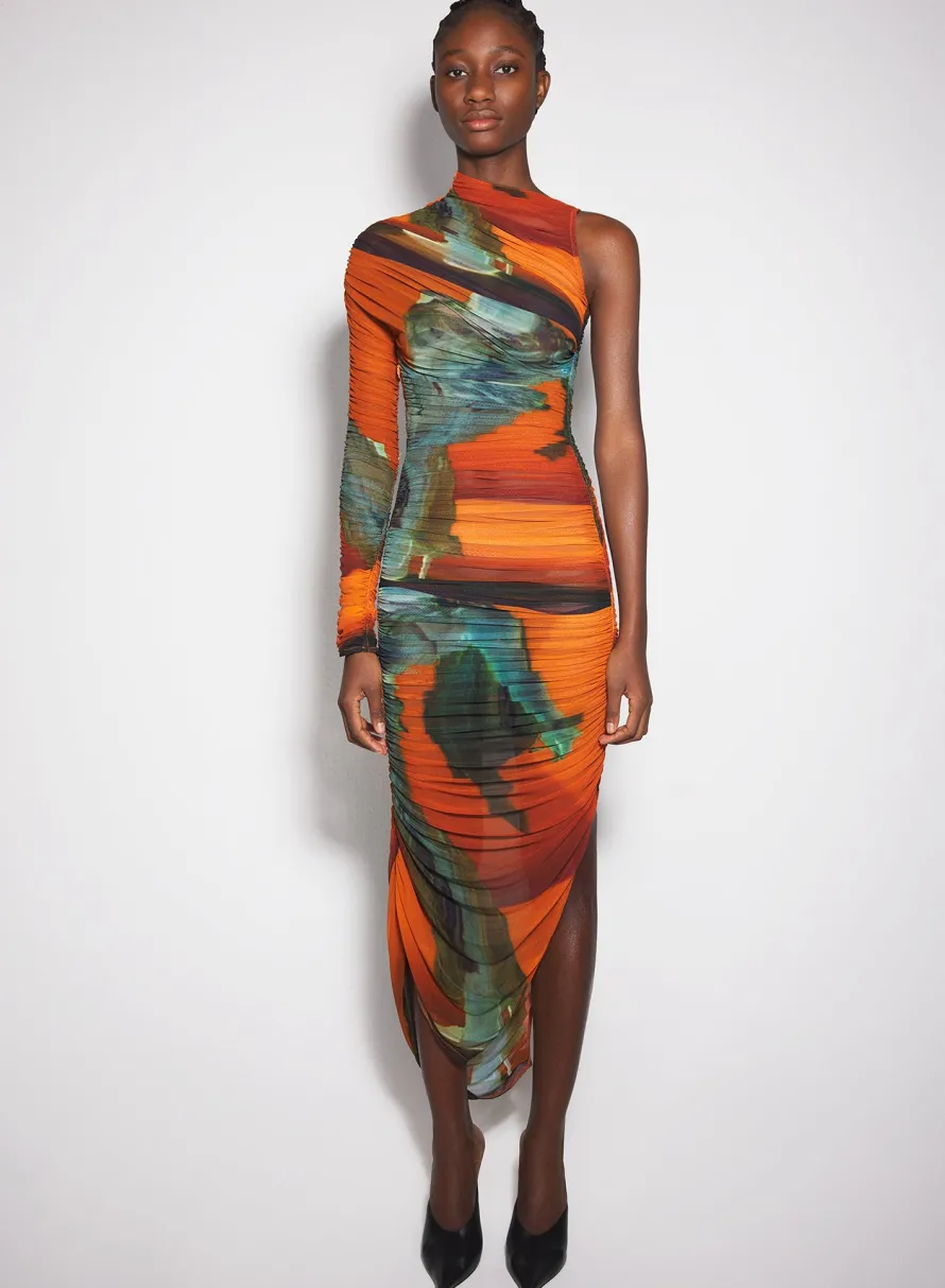 Dresses & Catsuits|MUGLER Archive print asymmetrical mesh dress