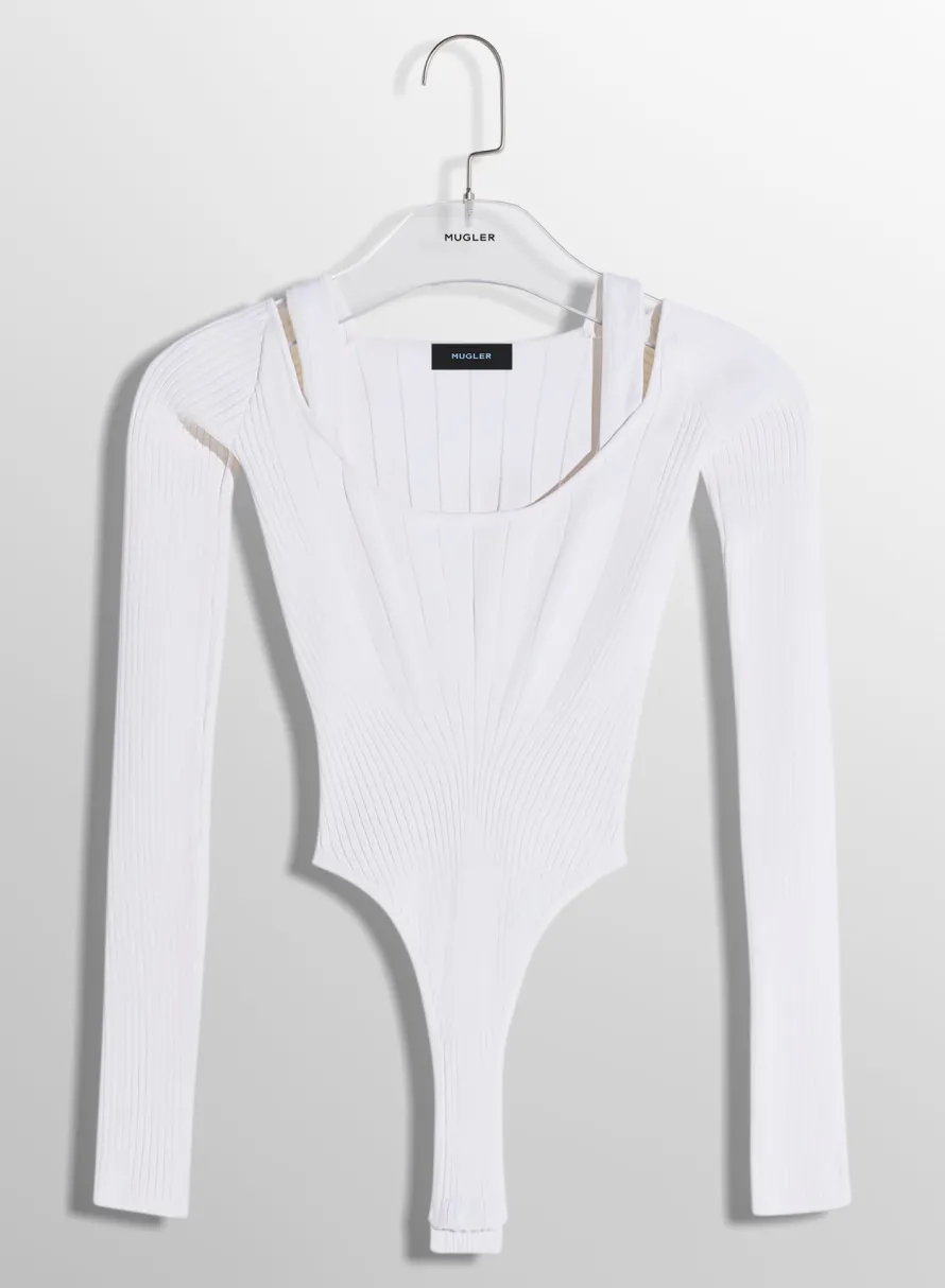 Knitwear|Bodysuits & Leggings|MUGLER white sculpting knit bodysuit