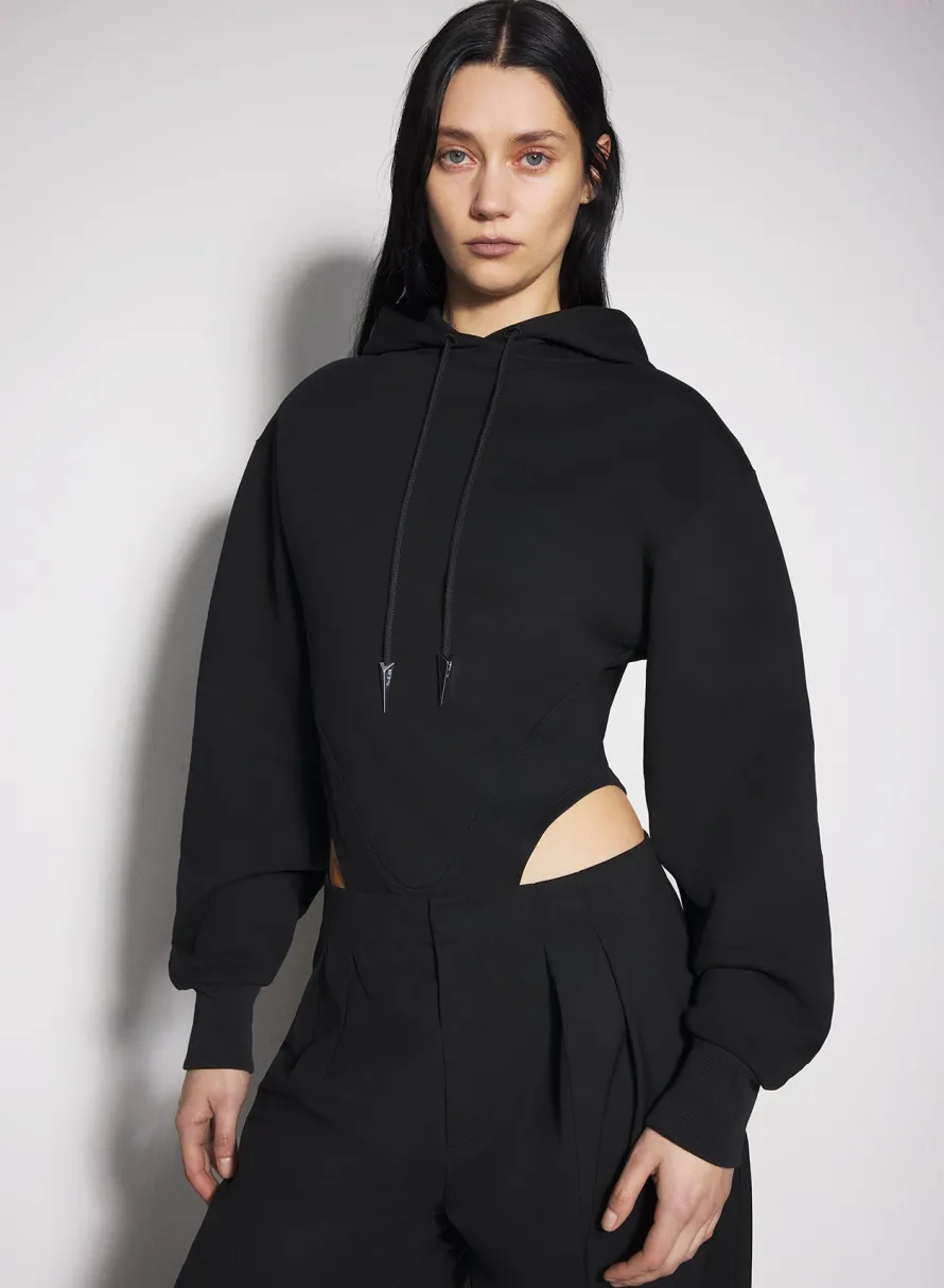 Bodysuits & Leggings|MUGLER black fleece hoodie bodysuit