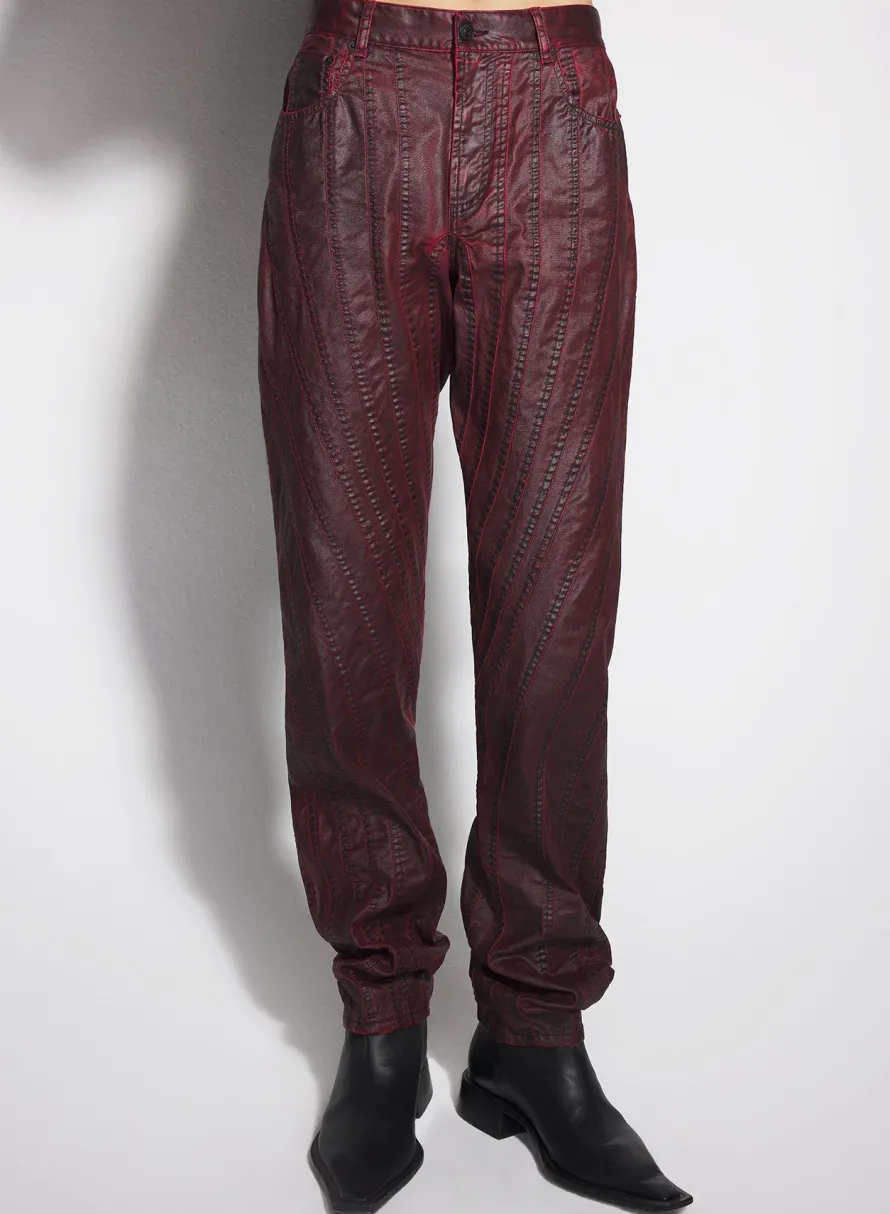 Denim|Denim|MUGLER burgundy waxed spiral baggy jeans