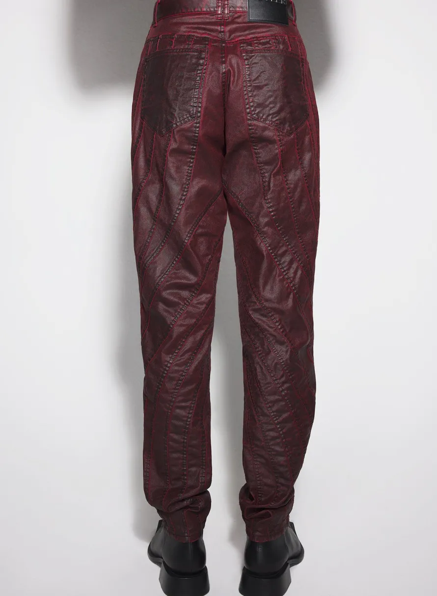 Denim|Denim|MUGLER burgundy waxed spiral baggy jeans