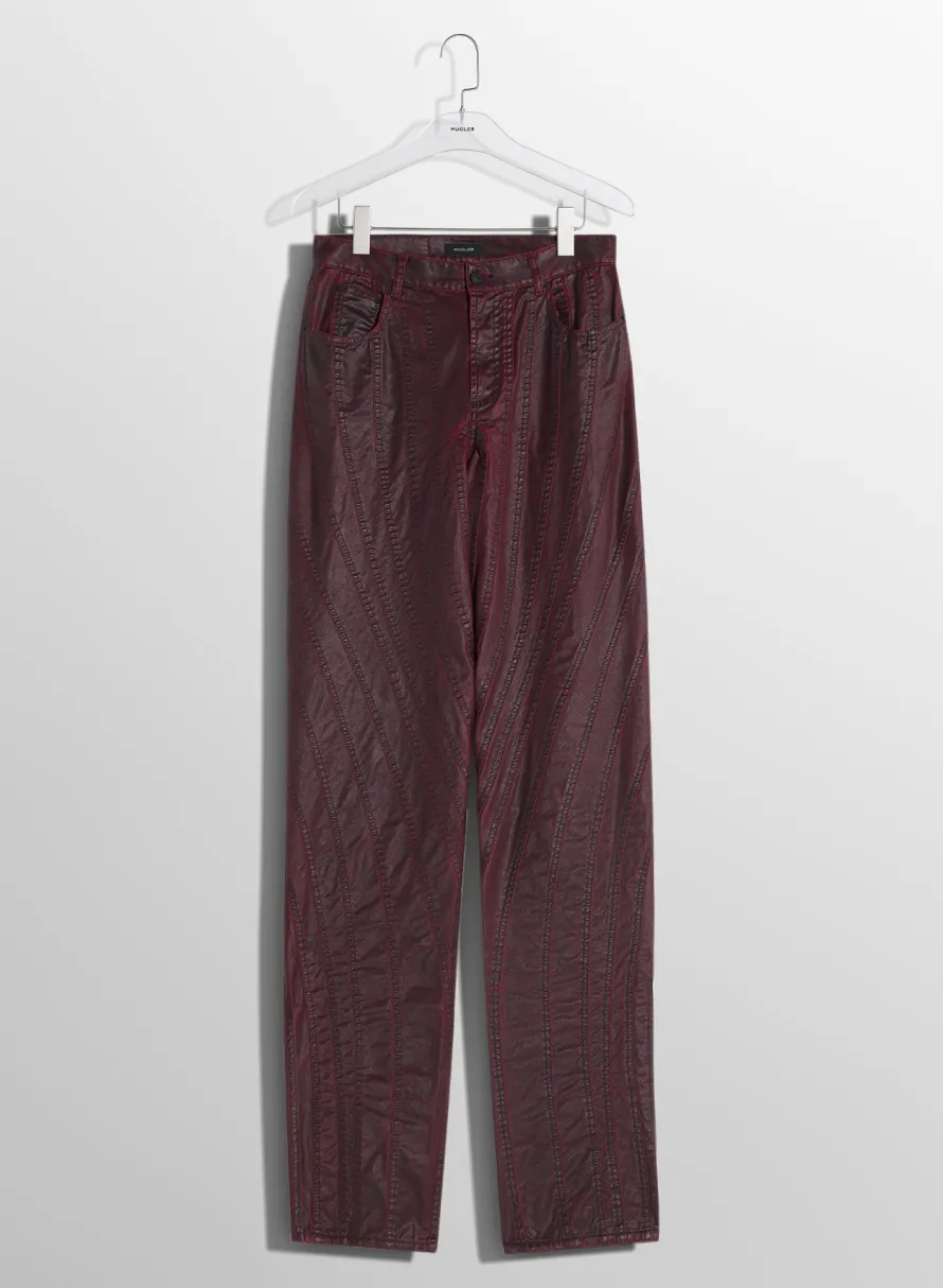 Denim|Denim|MUGLER burgundy waxed spiral baggy jeans