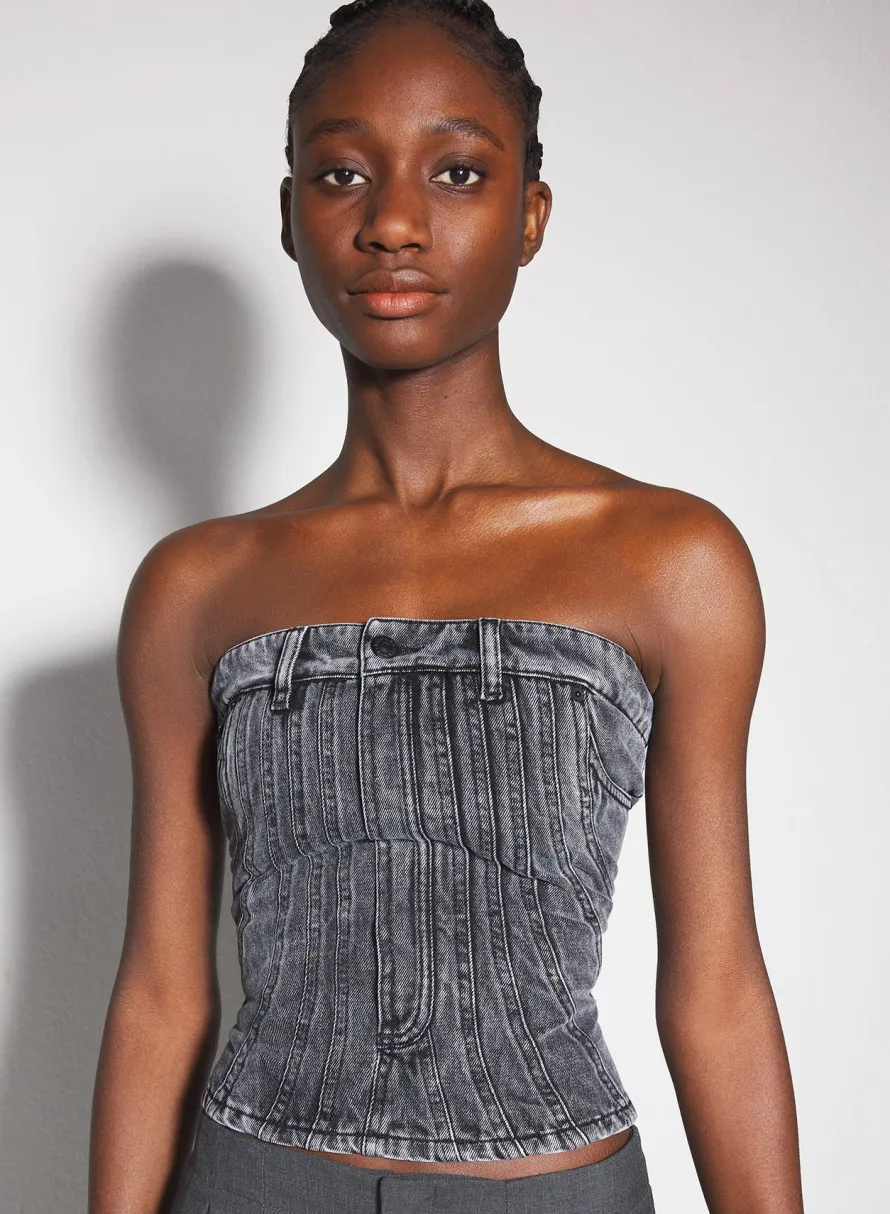 Denim|Tops|MUGLER washed black spiral denim bustier