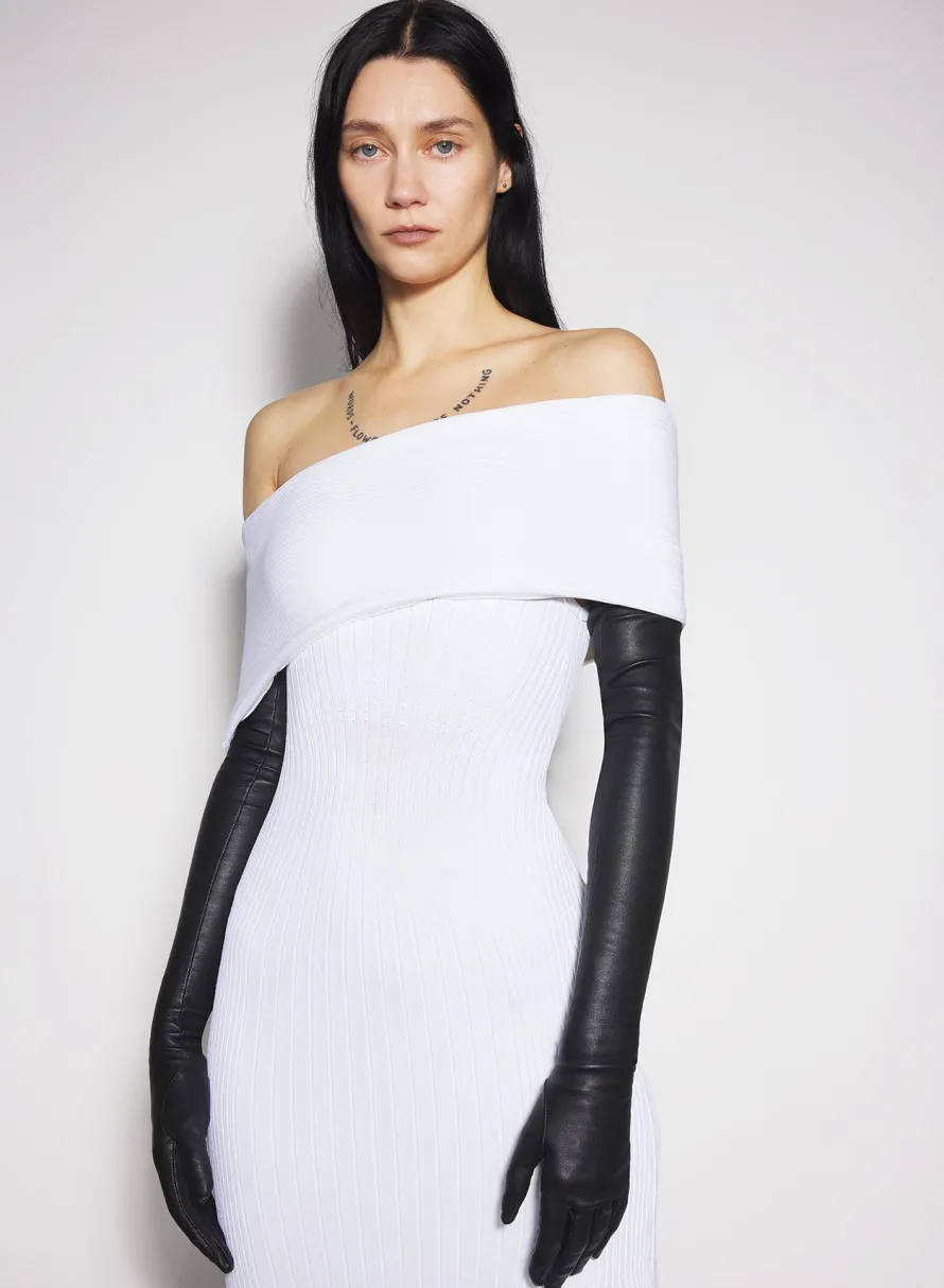Knitwear|Dresses & Catsuits|MUGLER white off-shoulder sculpting knit dress