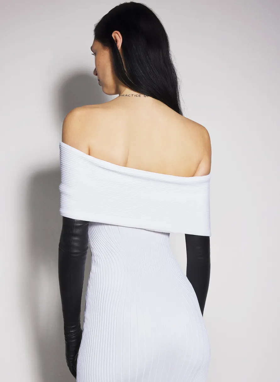 Knitwear|Dresses & Catsuits|MUGLER white off-shoulder sculpting knit dress