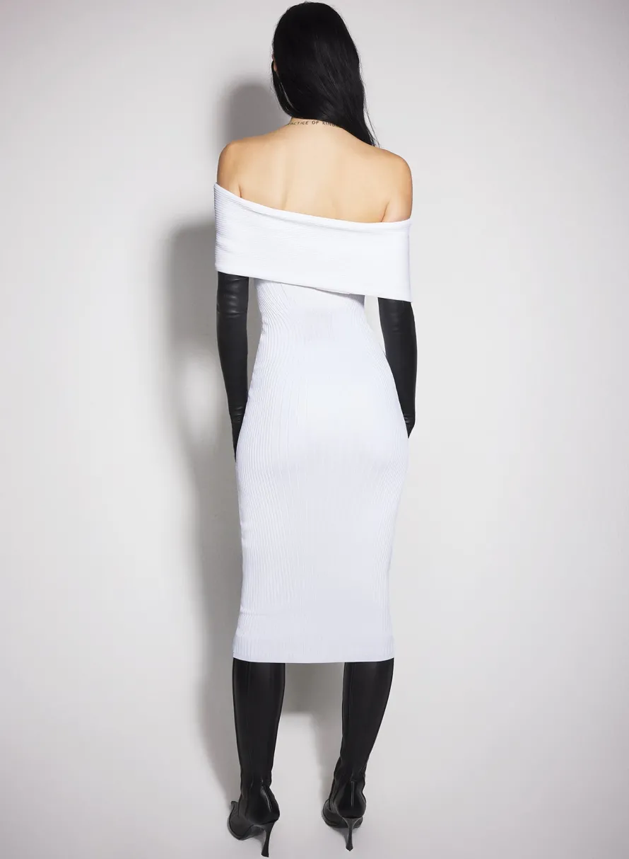 Knitwear|Dresses & Catsuits|MUGLER white off-shoulder sculpting knit dress