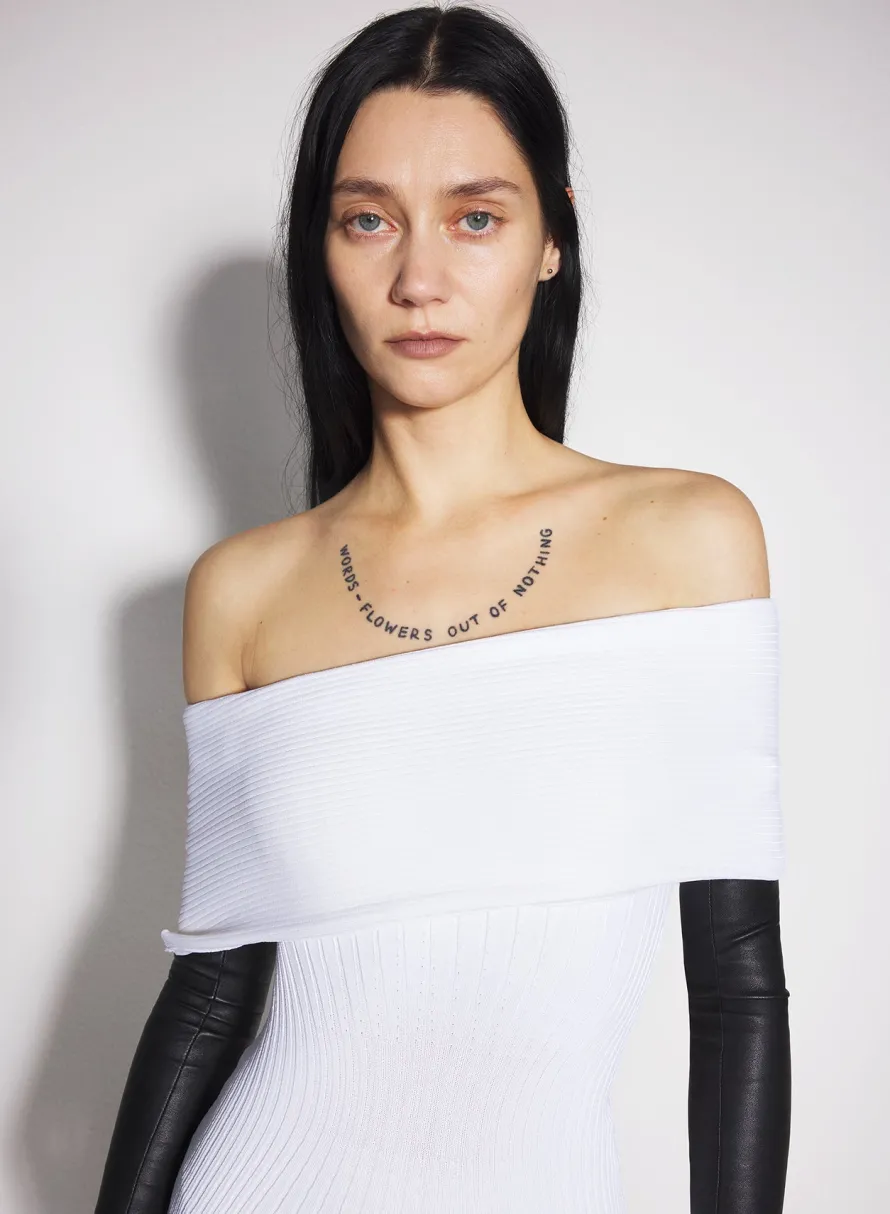 Knitwear|Dresses & Catsuits|MUGLER white off-shoulder sculpting knit dress