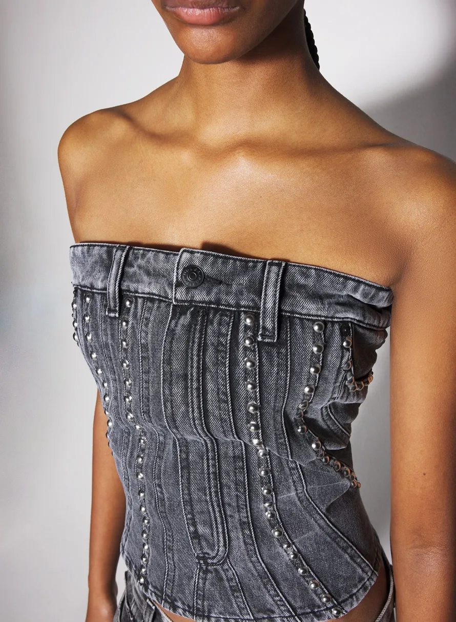 Denim|Tops|MUGLER washed black spiral denim studded bustier
