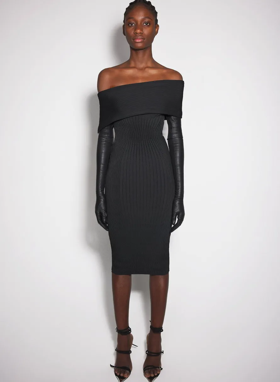 Knitwear|Dresses & Catsuits|MUGLER black off-shoulder sculpting knit dress