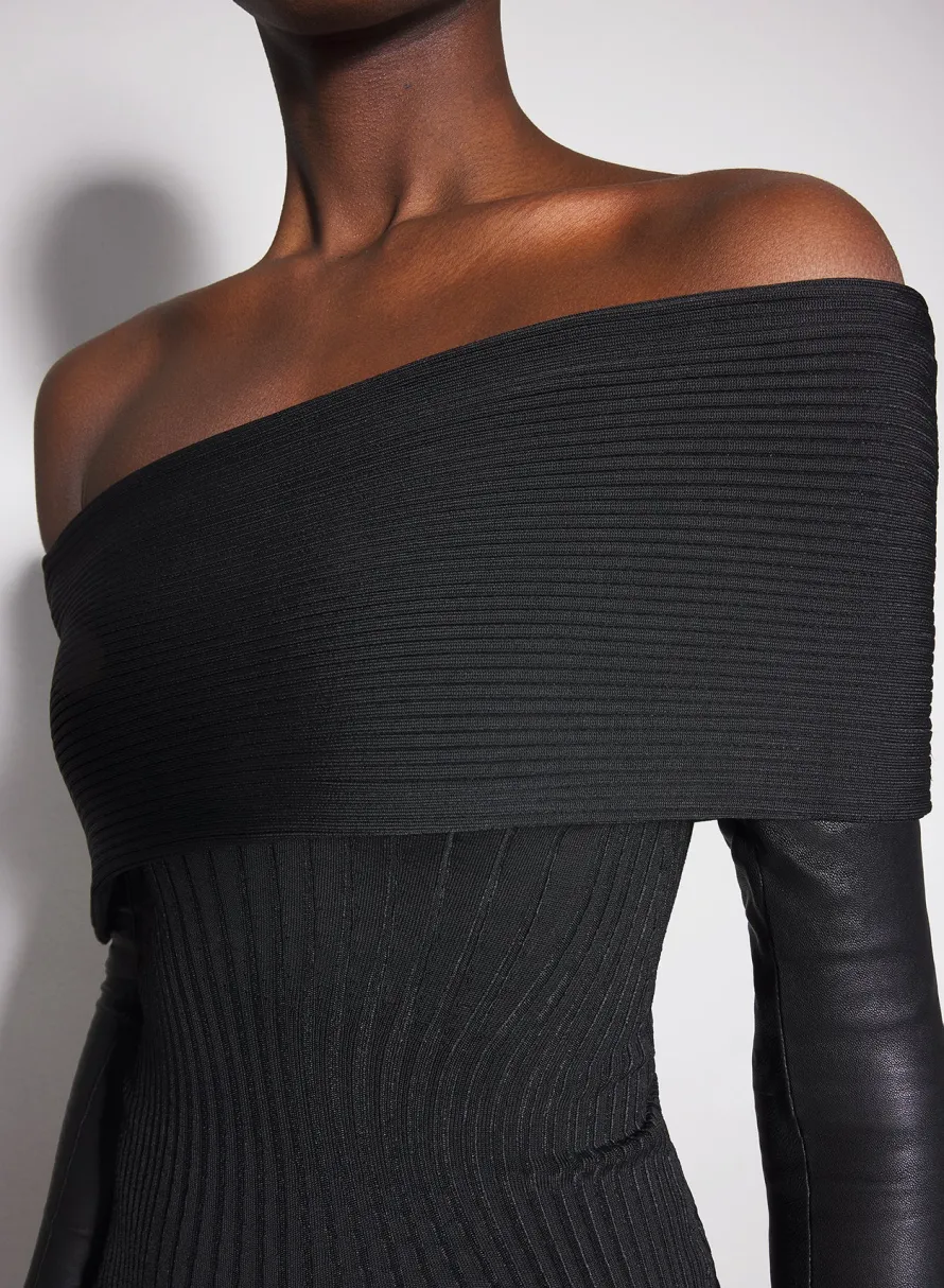 Knitwear|Dresses & Catsuits|MUGLER black off-shoulder sculpting knit dress