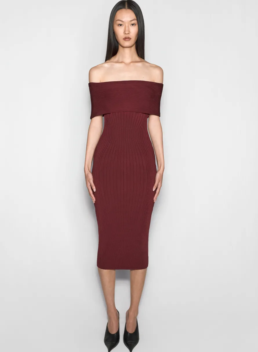 Knitwear|Dresses & Catsuits|MUGLER burgundy off-shoulder sculpting knit dress