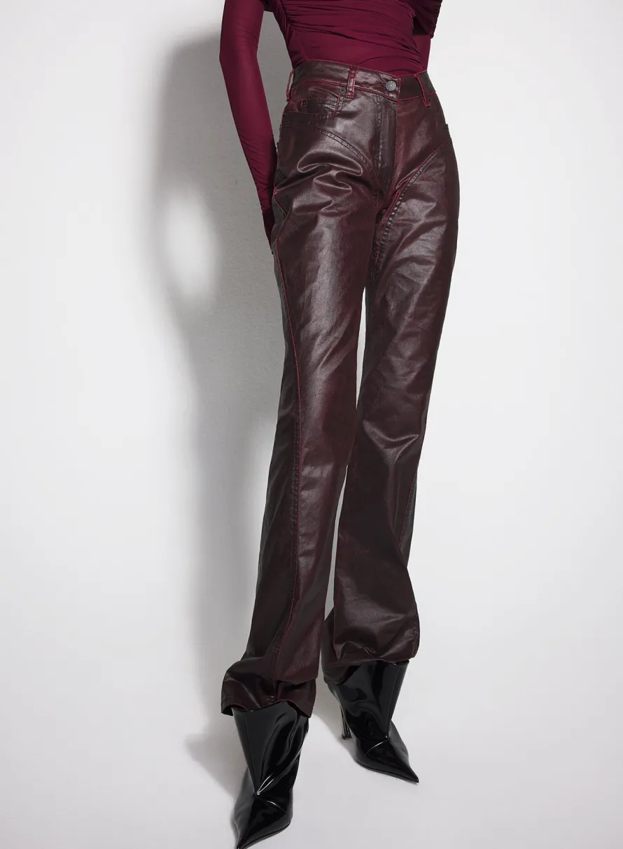 Denim|Trousers|MUGLER burgundy waxed denim pants