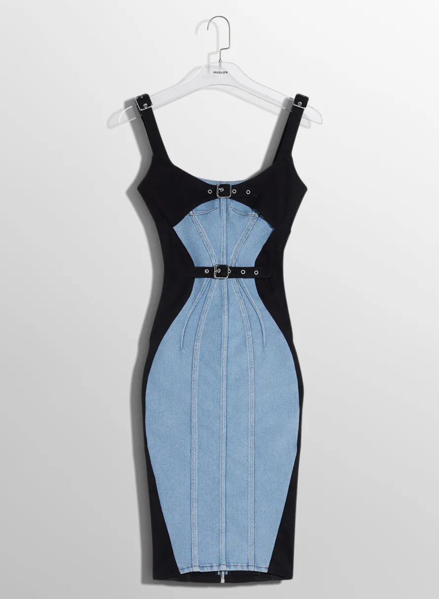 Denim|Dresses & Catsuits|MUGLER bi-color buckled denim dress