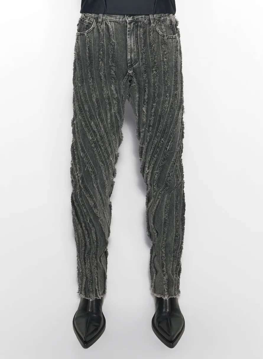 Denim|Denim|MUGLER black raw edge spiral baggy jeans