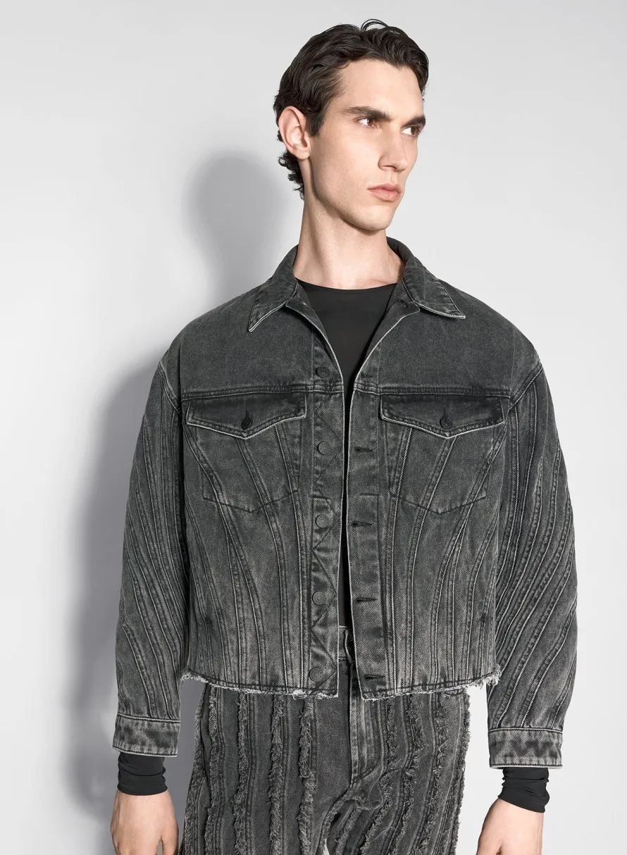 Denim|Denim|MUGLER washed black spiral denim jacket