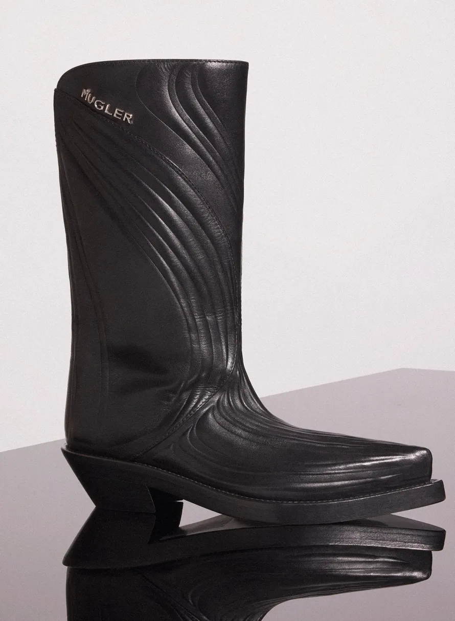 Shoes|MUGLER black embossed leather santiag boots