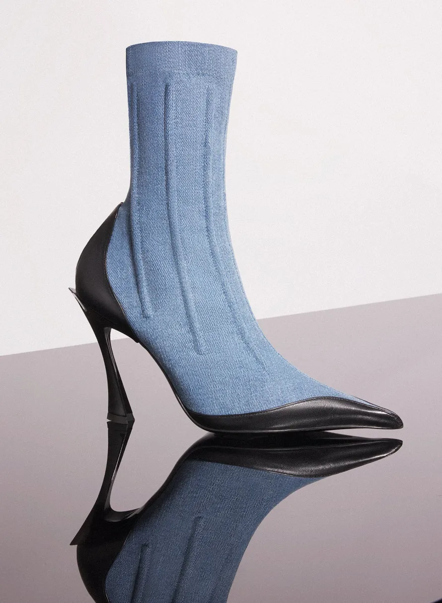 Shoes|MUGLER blue bi-color boned denim fang 95 ankle boots