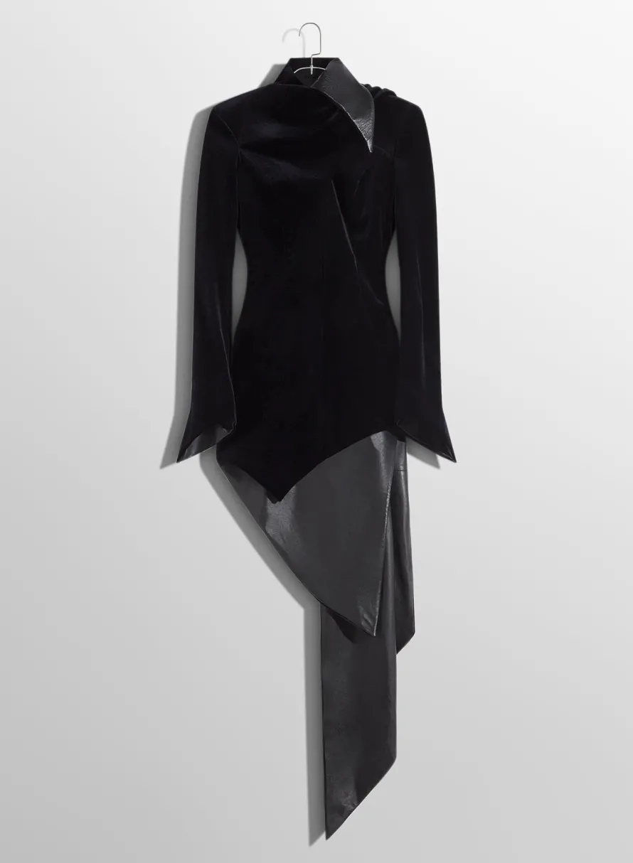 Dresses & Catsuits|MUGLER black asymmetrical velvet dress with leather collar
