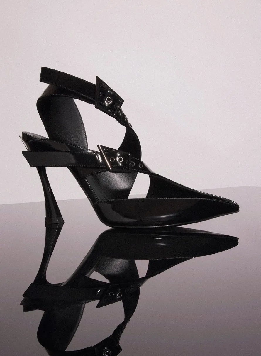 Shoes|MUGLER black leather buckled fang 95 mules