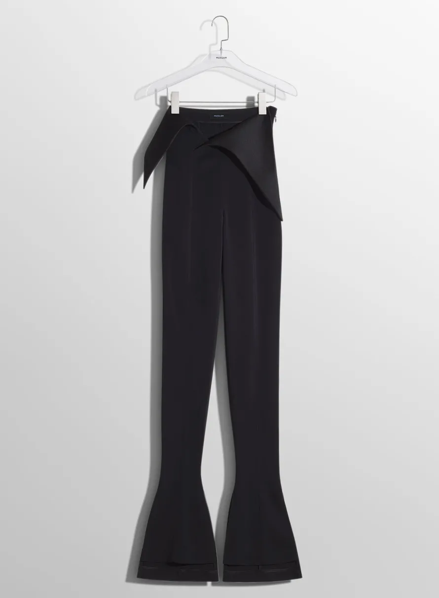Trousers|MUGLER black satin cummerbund flare wool trousers