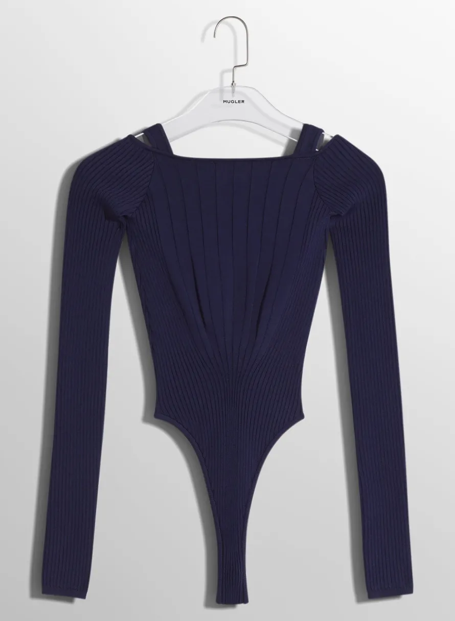 Knitwear|Bodysuits & Leggings|MUGLER midnight blue sculpting knit bodysuit