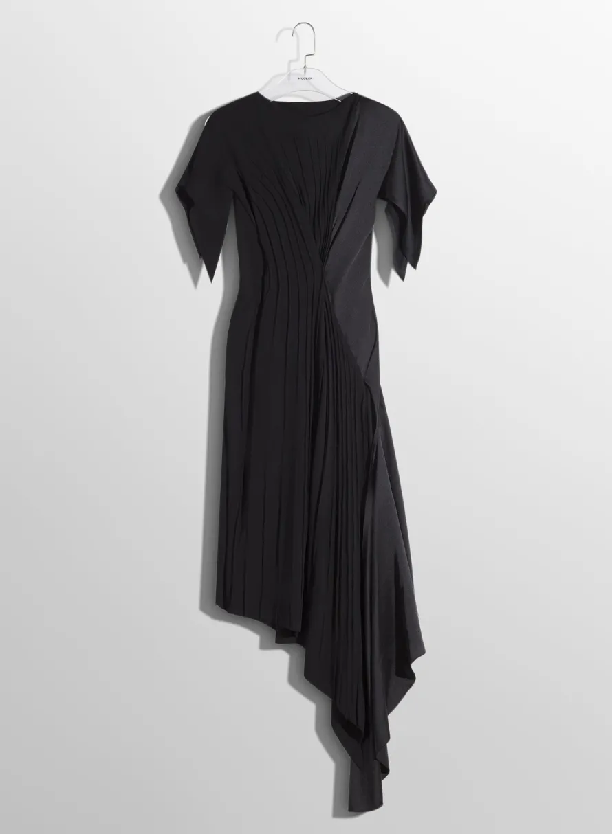 Dresses & Catsuits|MUGLER black pleated asymmetrical dress